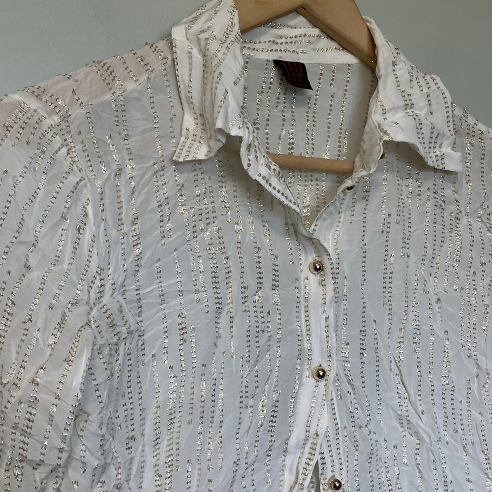 Stefanel White Gold Metallic Thread Lurex Textured Button-Up Shirt - Picture 3 of 6